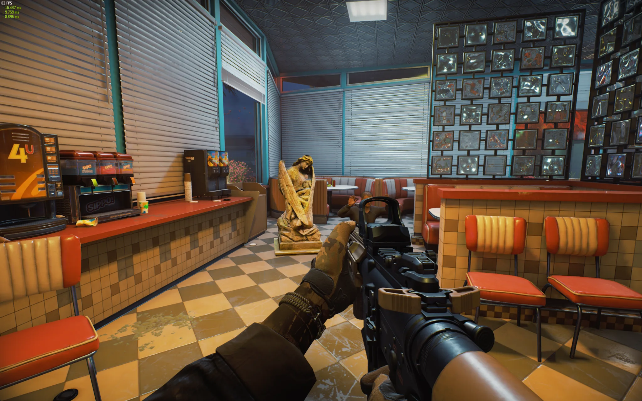 Statue anomaly in a diner, viewed from the player's perspective.