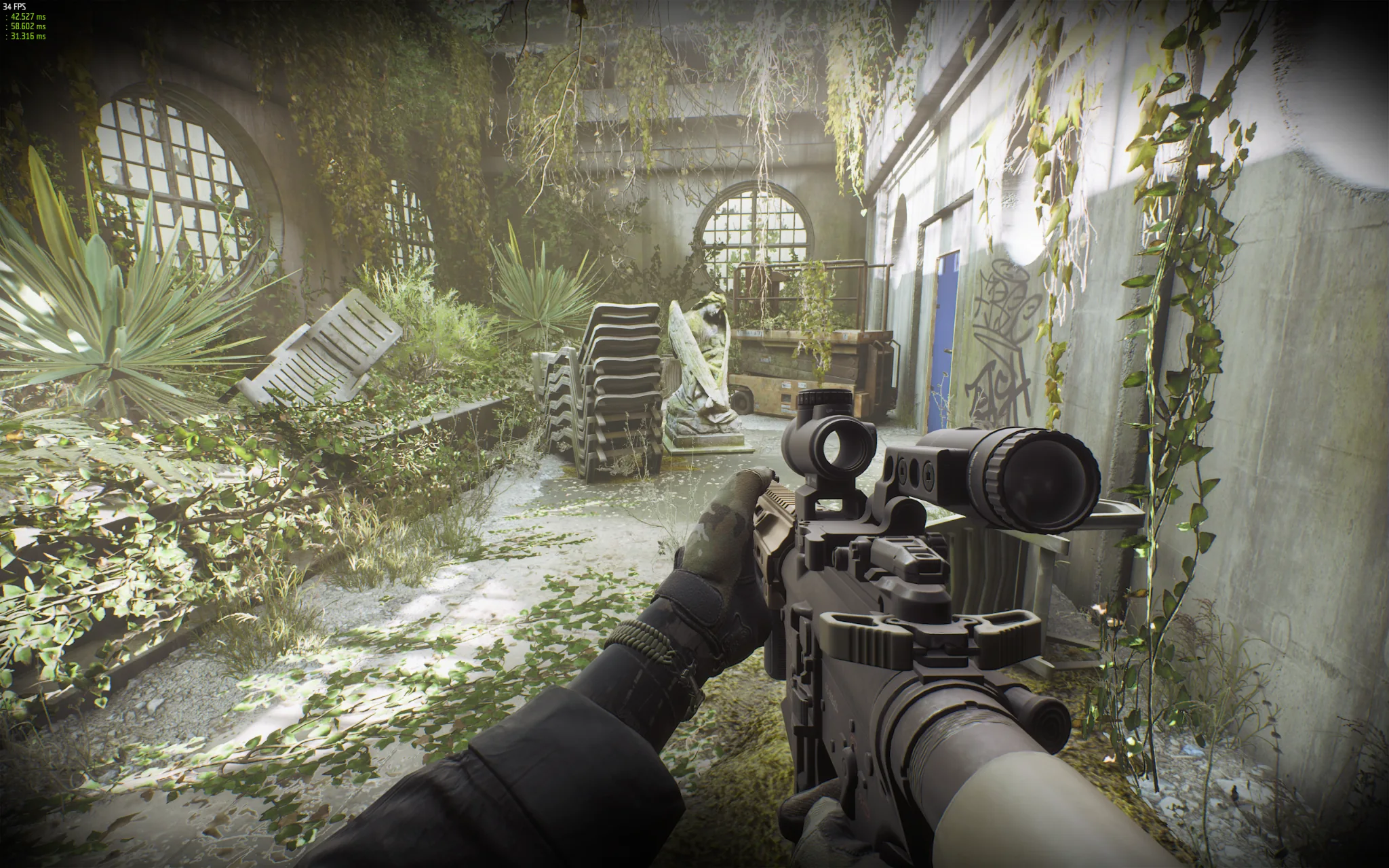 Anomaly standing in an overgrown garden ahead of the player.